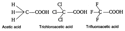 The depression in freezing point of water observed for the same amount of acetic acid, trichloroacetic acid and trifluoroacetic acid